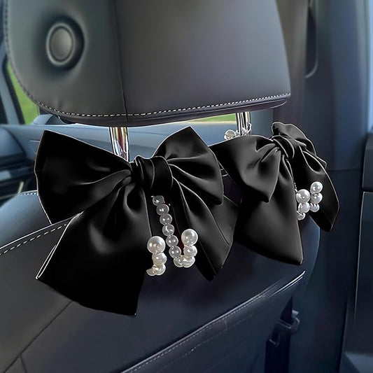2 PCS Bow Pearl Car Seat Headrest Hook – Cute Purse Hook for Car, Girly Interior Decoration Accessories Hook Hanger, Seatback Holder for Purses & Bags, Elegant Car Organizer (Black)
