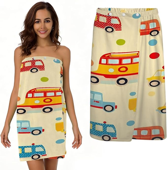 Women's Bath Wrap Colored Cars Bus Polka Dot Absorbent Shower Spa Body Bath Robe Wraps Bathrobe Towel with Adjustable Closure