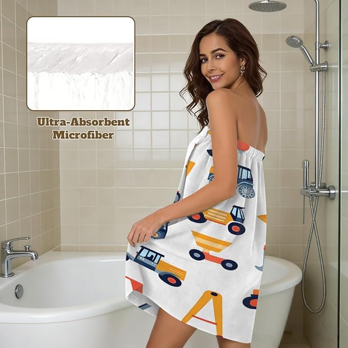 Women's Bath Wrap Cars Pattern Absorbent Shower Spa Body Bath Robe Wraps Bathrobe Towel with Adjustable Closure