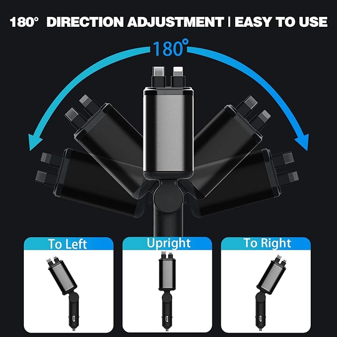 Starlight Retractable Car Charger,66W Fast Car Chargers Adapter 4 in 1 with 2 USB Car Chargers for Phone iPhone 16/15/14/13/12/11 and for Android - Black