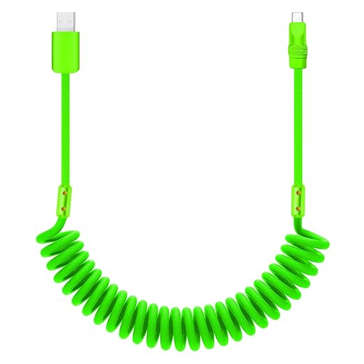 chubbycable Curly Chubby 120W Coiled USB C Cable Retractable Fast Charging Cable for Car Charger Cord Compatible with iPhone 17-15 Series, Green, USB-A to Type-C, 2.29FT-3.6FT