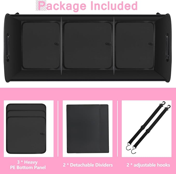 Trunk Organizer for Car, 95L Large Capacity Trunk Storage with Non-Slip Bottom Strips, Cargo Organizer for Suv, Truck, Sedan, Waterproof Portable Car Organizers for Women Men(Pink)