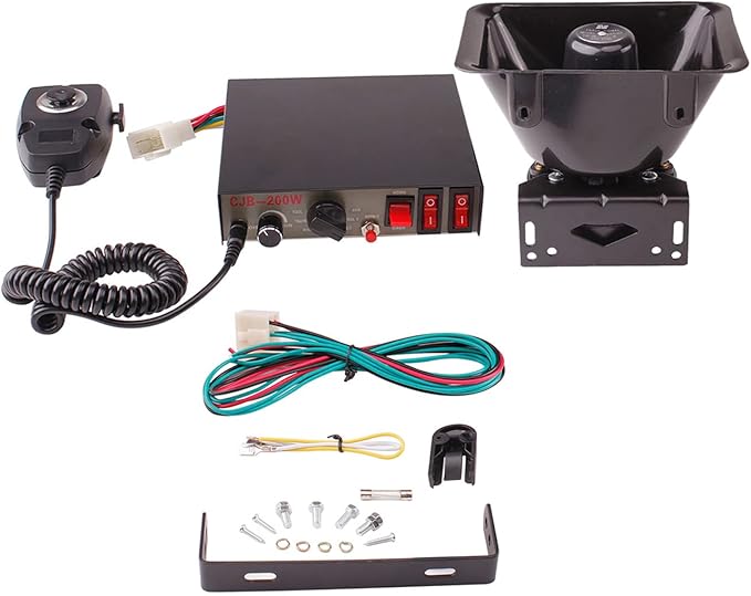 9 Tones 200W Emergency Warning Police Siren Speaker PA System Kit with Handheld Microphone & 2 Lights Control Switches for Firefighter Ambulance Vehicles Truck Car SUV ATV UTV