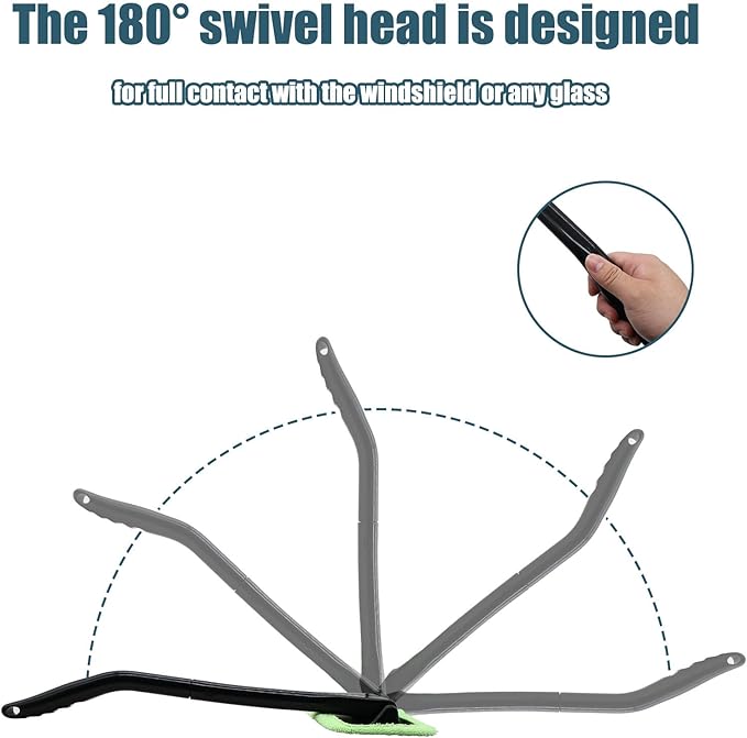 Car Window Cleaner Kit Windshield Cleaning Tool with Extendable Long Handle and 2 Washable Reusable Microfiber Pads, Green