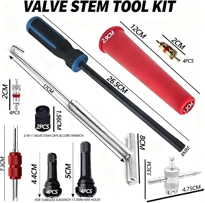 Valve Stem Removal Tool with Heavy Duty Hook & Longer Puller,Tire Valve Stem & Core Replacement Installation Tool Kit,without Tire Removal,Tire Pressure Checking, for Cars Motorcycles Lawn Mowers ATVs