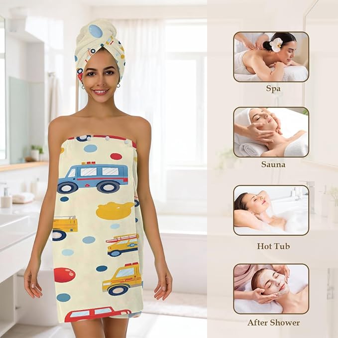 Women Bath Wrap Hair Towel Drying Cap Set Colored Trucks Cars Pattern Soft Absorbent Bathrobe Shower Wraps with Adjustable Closure Spa Bath Robe