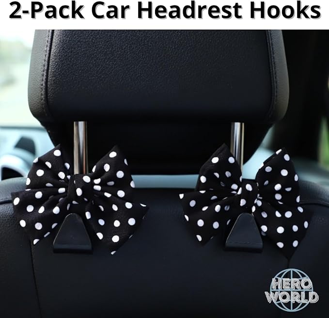 Car Headrest Hooks 2 Pack Seat Back Hanger for Bags and Groceries Heavy Duty Auto Organizer Easy Install Storage Hook for Purse Handbag Shopping Bags Black Polka Dot