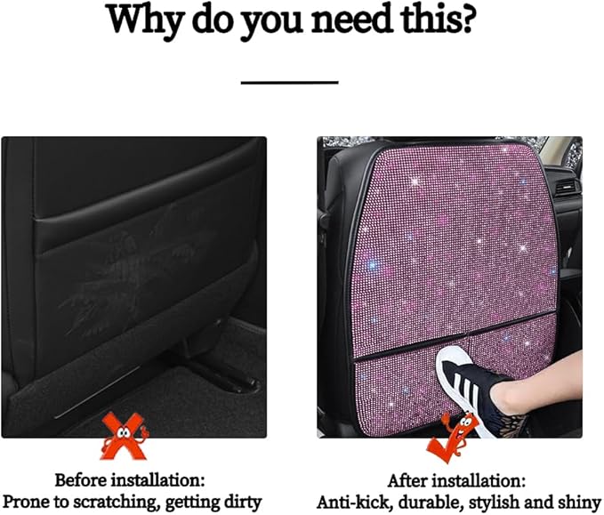 Bling Kick Mats for Car Seats with Pockets – Crystal Diamond Protectors for Girls & Women, Easy-to-Install Backseat Kick Mats with Storage & Sparkling Rhinestones Pink 2pcs