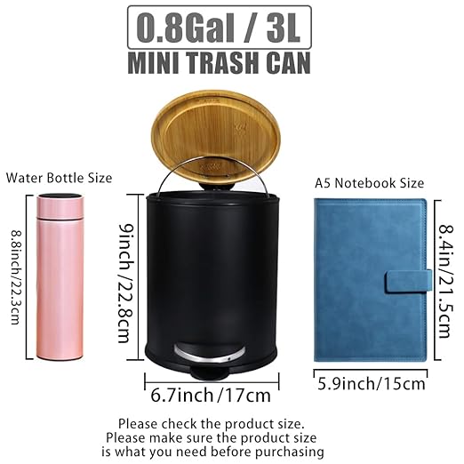 Mini Trash Can with Bamboo Lid Soft Close and Foot Pedal, 0.8Gal / 3L Tiny Round Trash Can with Removable Plastic Inner Wastebasket for Bathroom, Bedroom, Powder Room, Office, Desk, Car, Black