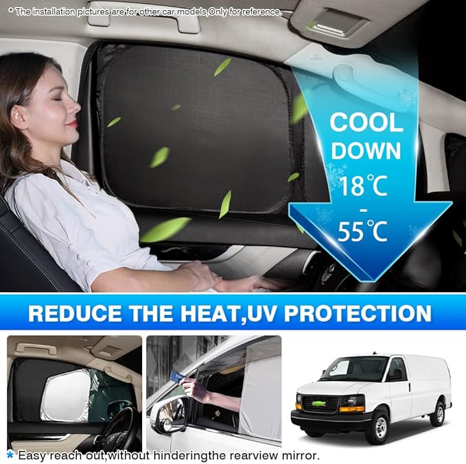 T TGBROS Custom Fit for Car Sunshade 1996-2021 GMC Savana Van,Passenger,Cargo Van Side Window Front Seat Sun Shade Sun Shield Blocks UV Rays Keeps Your Vehicle Cool 2pcs