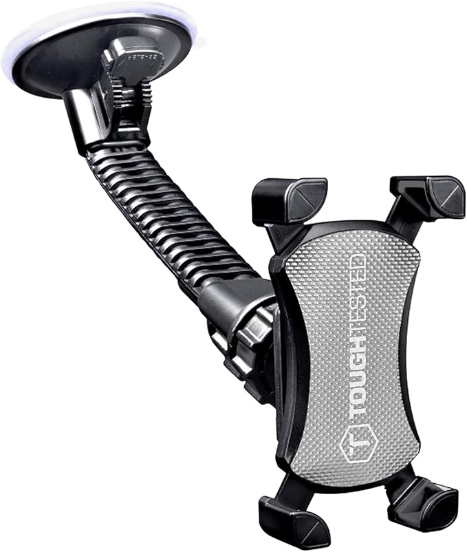 ToughTested Mammoth Truck Windshield Phone Mount, Vibration Absorbing Car Phone holder with One-hand Quick Release, Double-ribbed Gooseneck, Expandable Claw Grip, 360 rotation, Extra Large Suction Cup