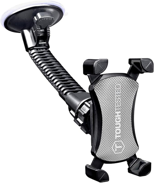 ToughTested Mammoth Truck Windshield Phone Mount, Vibration Absorbing Car Phone holder with One-hand Quick Release, Double-ribbed Gooseneck, Expandable Claw Grip, 360 rotation, Extra Large Suction Cup