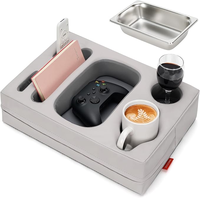 INNO STAGE Couch Cup Holder Pillow - Sofa Cup Holder with Stainless Steel Bowl Couch Drink Caddy Remote Snacks Cozy Mug Cupholder Buddy for Bed, Car, Man Cave, Rv, Tv, Backseat (PUGrey)