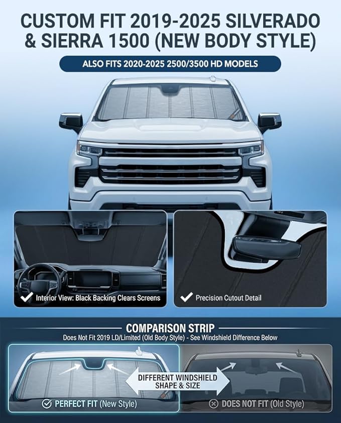 Pigenius Windshield Sun Shade Custom fits Chevy Silverado/GMC Sierra 1500 2019-2025 & 2500/3500 HD 2020-2025 New Body Style Only - Not for 2019 LD/Limited, Metallic Silver Finish