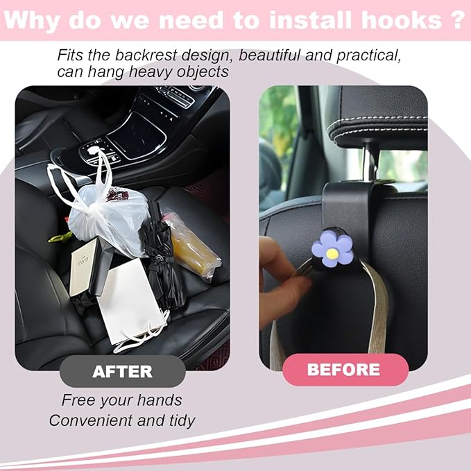 4 PCS Car Headrest Hook, Multifunctional Flower Vehicle Seat Back Storage Hook, Cute Automotive Seatback Organizer Hanger for Purse Grocery Bag Handbag, Universal Fit (Black/Blue)