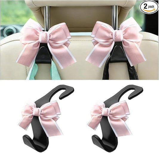 2PCS Car Seat Headrest Hooks, Cute Bow Vehicle Backseat Storage Hanger for Handbag Umbrella Coat, Automotive Seat Back Hook Holder Organizer Decor, Universal for Vehicles (Pink)