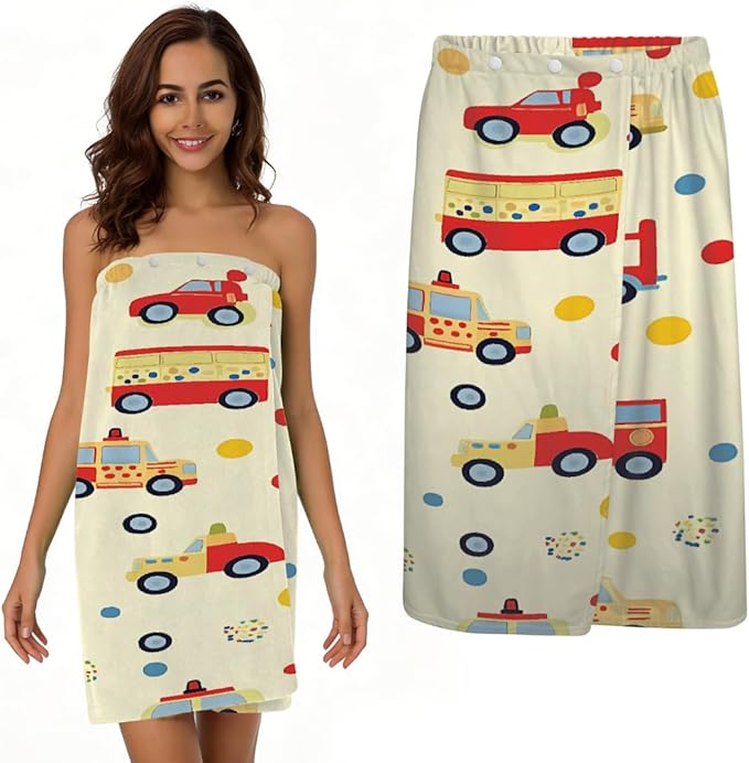 Women's Bath Wrap Colorful Cars Bus Polka Dot Absorbent Shower Spa Body Bath Robe Wraps Bathrobe Towel with Adjustable Closure