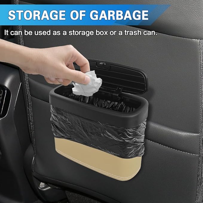 Car Trash Can with Lid, Car Trash Bin, Leakproof Vehicle Garbage Can with 30PCS Garbage Bags, Waterproof Auto Hanging Dustbin Storage Bag Container Accessories Fit SUV Office Home (Beige-1PCS)
