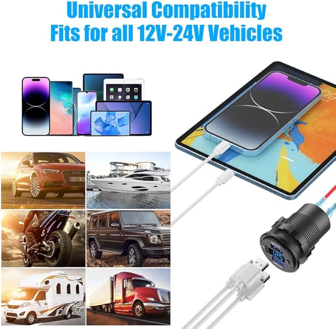 2 pack 12V USB C Outlet Marine USB Charging Port for Car, Dual Quick Charge 3.0 & PD 3.0 Car Charger Socket with Button Switch and Voltmeter, Cigarette Lighter Replacement DIY Kit for 12V/24V Vehicles