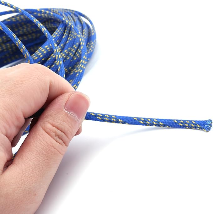 Aicosineg Cable Sleeve Braided Sleeving PET Wire Loom Tubing Cable 32.81ft-1/6inch Wrap Protector for HiFi Audio and Video Headphone Cable Protect Wires from Chewing of Pets Blue and Gold