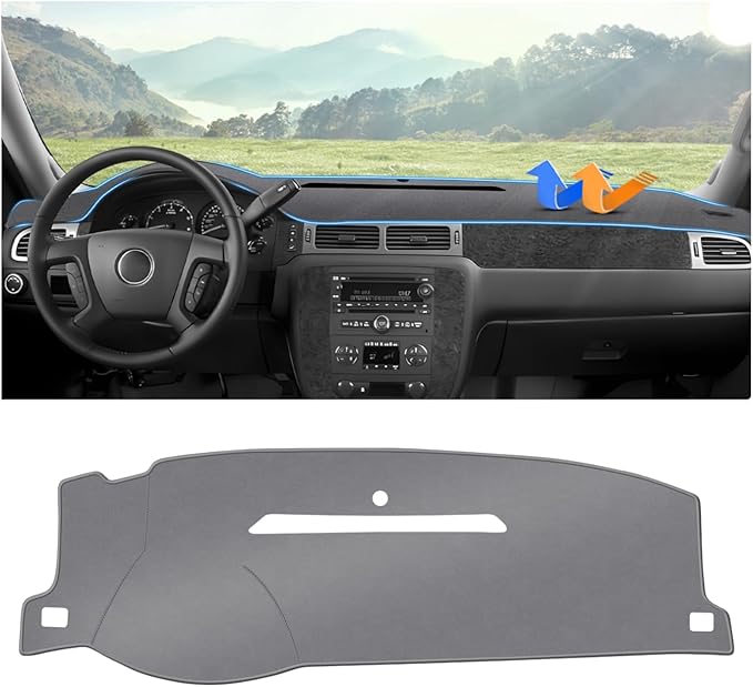 Autorder Gray Dashboard Cover Mat for 2007-2013 Chevy Chevrolet Silverado Sierra, 2007-2014 Chevy Tahoe Suburban Denali Avalanche & GMC Yukon/XL & Only One Glove Box Accessories Polyester Dash Cover