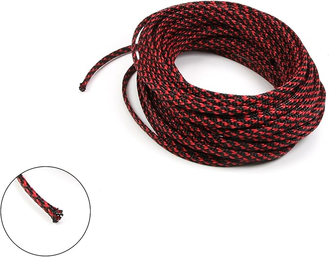 Aicosineg 32.81ft PET Flexible Braided Cable Sleeve 0.16inch Width Wire Loom Sleeving and Organizer Flexible Wire Mesh Sleeve Wrap Protector for TV Audio PC Cords from Pets Chewing Black and Red