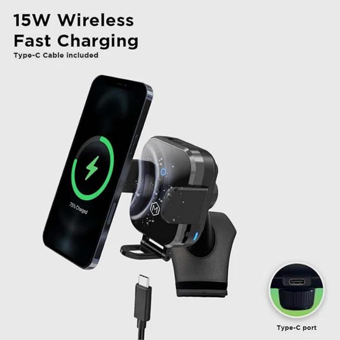 Wireless Car Charger - Mini Grip Cradle Version 2.0-15W Fast Charging - 360 Degree Rotation Compatible with Samsung Galaxy S24, S24 Ultra, iPhone 16, 16 Pro, 15, 15 Pro, Pro Max Phone Holder