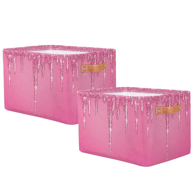 Pink Sparkly Storage Baskets for Organizing, Fabric Collapsible Storage Bins Box Pink Glitter DecorativeToy Organizer Baskets for Closet Shelves Gift Basket 2Pcs