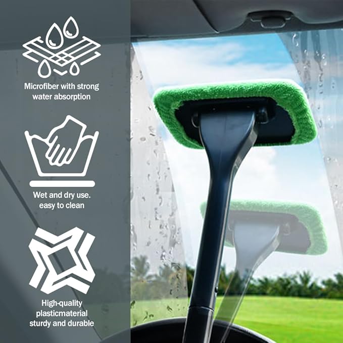 Windshield Cleaner, Window Cleaner Tool, Microfiber Window Cleaning Tool with 4 Washable and Reusable Cloth Pad Head & Extended Handle, Car Accessories for windshield Cleaning