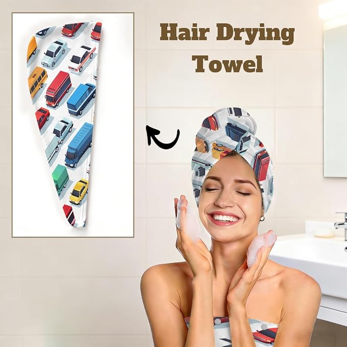 Women Bath Wrap Hair Towel Drying Cap Set Colorful Cars Trucks Pattern Soft Absorbent Bathrobe Shower Wraps with Adjustable Closure Spa Bath Robe