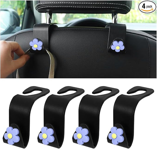 4 PCS Car Headrest Hook, Multifunctional Flower Vehicle Seat Back Storage Hook, Cute Automotive Seatback Organizer Hanger for Purse Grocery Bag Handbag, Universal Fit (Black/Blue)