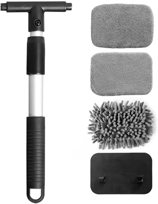 Car Windshield Cleaner Tool, Vehicle Window Cleaner with Extendable Handle & 3 Reusable and Washable Pads, Auto Glass Wash Brush Accessories, Universal for SUV RV Truck (Rectangular)