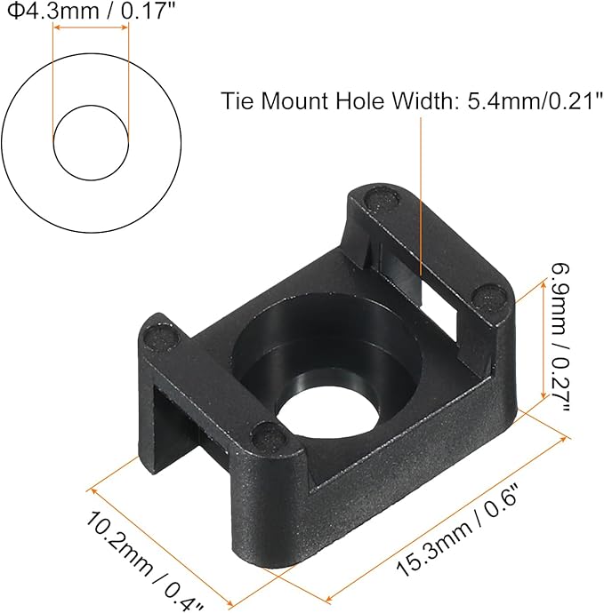 MECCANIXITY 500pcs Cable Tie Base Saddle Type Mount Wire Holder, 0.6"x0.4"x0.27" Wire Clips Organizer Holders Clamps for Electronic Wires, Black 0.17"Dia