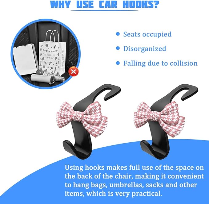 2PCS Car Seat Headrest Hooks, Cute Bow Vehicle Backseat Storage Hanger for Handbag Umbrella Coat, Auto Seat Back Hook Holder Organizer Decor, Universal for Vehicles (Small Pink Houndstooth)