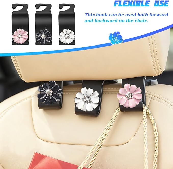 4PCS Bling Car Seat Headrest Hooks, Crystal Rhinestone Flower Vehicle Back Seat Hanger Holder Hook, Automotive Interior Hanging Storage Accessories for Purse Coats Bag, Universal Fit (White)