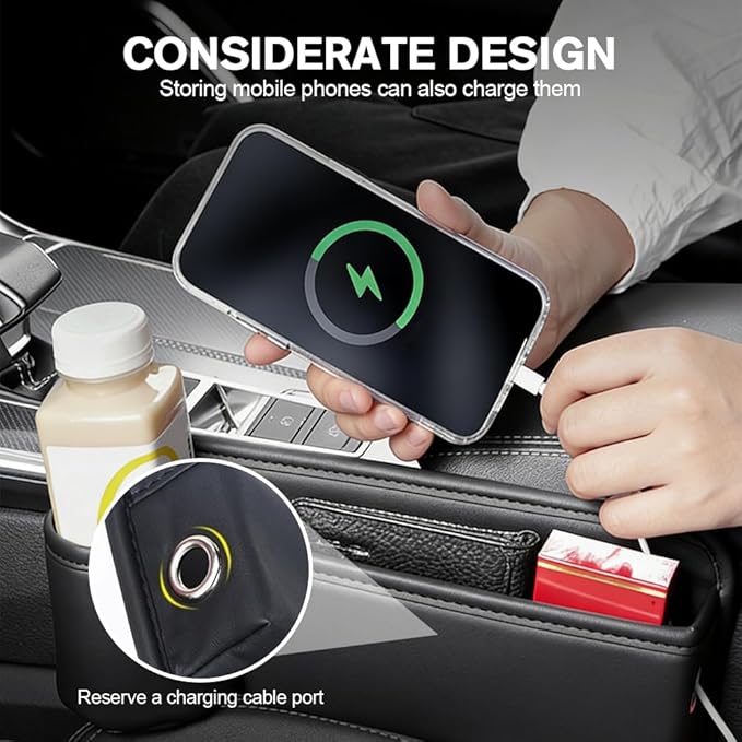 Car Leather Cup Holder Gap Bag, Adjustable Car Seat Gap Storage Box Leather with Cup Holder, for Keys, Cards, Phone, Sunglasses, Multi-Purpose Essentials Organizer (Black, Passenger Seat)