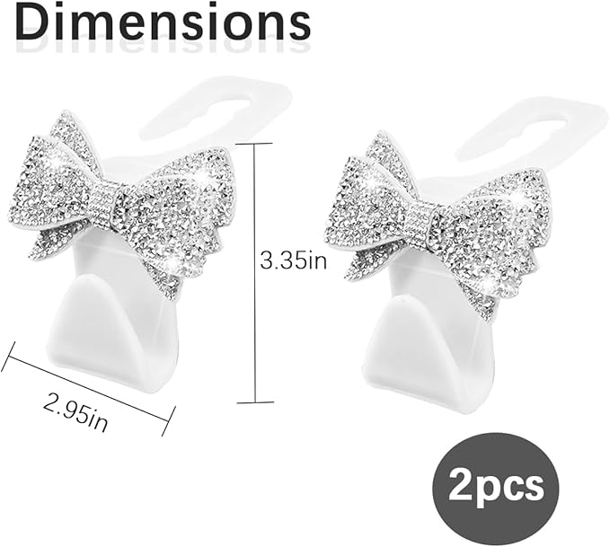 Zpana Bling Car Headreat Hook, 2PCS Crystal Rhinestone Cute Bow Vehicle Seat Back Hanger Storage for Purses Bags Grocery, Diamond Auto Rear Seat Organizer, Universal for SUV Truck Sedan (White)