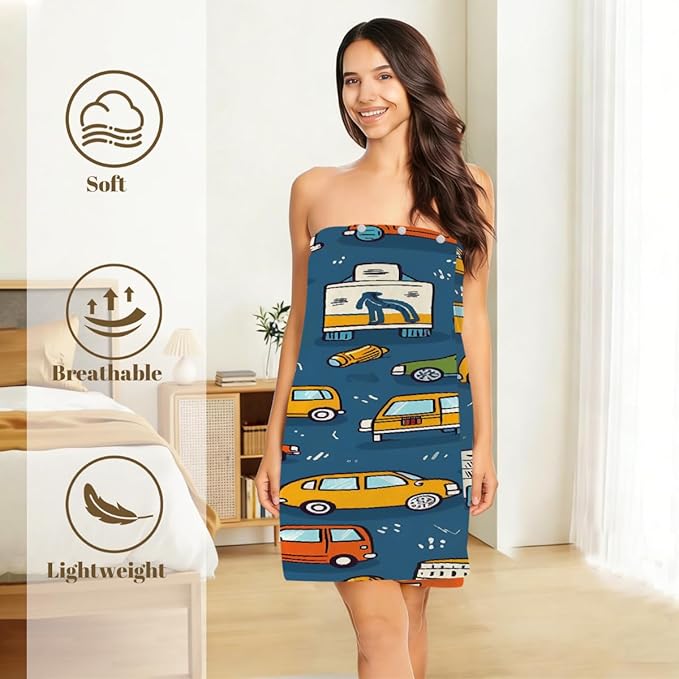 Women's Bath Wrap Cartoon Cars Pattern Absorbent Shower Spa Body Bath Robe Wraps Bathrobe Towel with Adjustable Closure