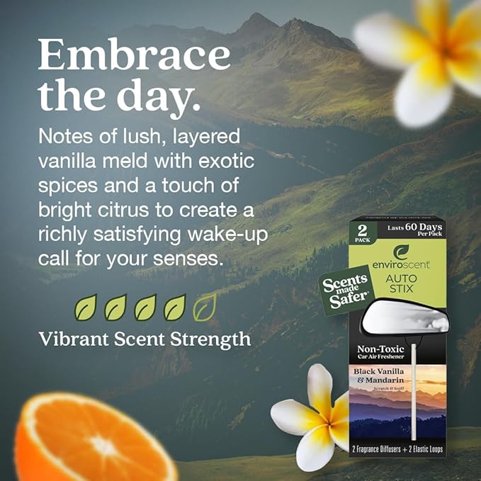 Enviroscent Non-Toxic* Car Air Freshener Auto Stix® - Scents Made Safer - Enjoy Fragrance Lasts Up to 180 Days - Includes Auto Stix® Diffusers & Elastic Loops - Black Vanilla & Mandarin (Pack of 3)