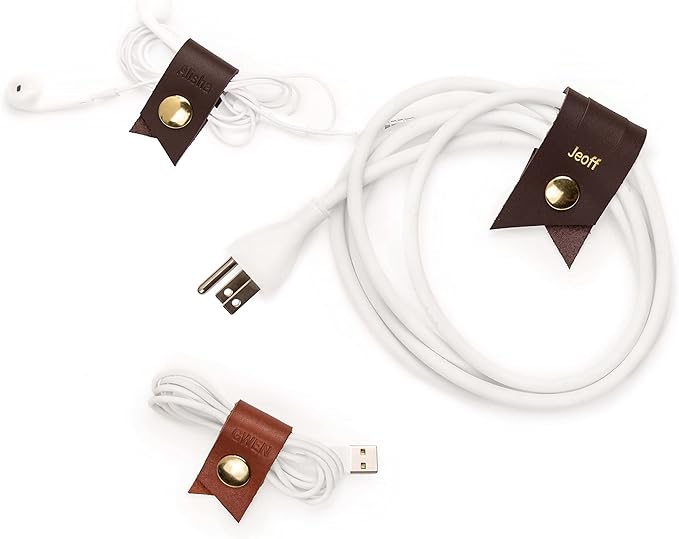KEYAIIRA - Set of 3 Personalized Leather Cable Cord Holders Gold Snap Closure - laptop charging cord keeper, earbud wire organizer customized monogram gift tech, stocking stuffer, travel accessories
