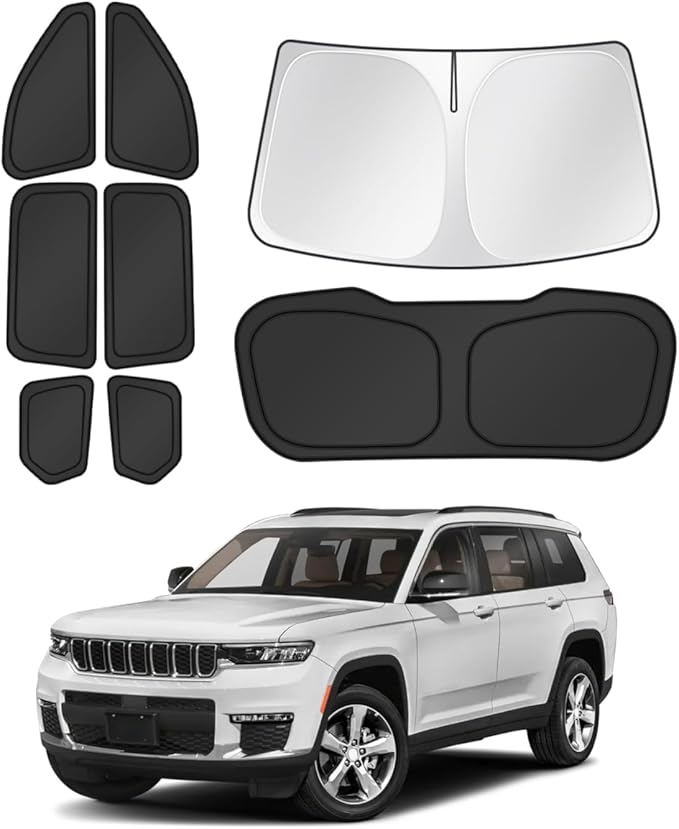Canvcle Window Shades for 2021-2025 2026 Jeep Grand Cherokee L Accessories Windshield Sun Shade Side Rear Window Cover Sunshade Sun Visor Shield Privacy Protection for Camping Keep Car Cool Black 8PCS