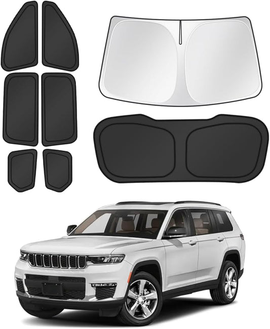 Canvcle Window Shades for 2021-2025 2026 Jeep Grand Cherokee L Accessories Windshield Sun Shade Side Rear Window Cover Sunshade Sun Visor Shield Privacy Protection for Camping Keep Car Cool Black 8PCS
