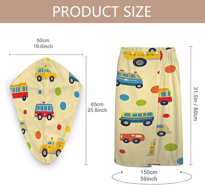 Women Bath Wrap Hair Towel Drying Cap Set Colored Cars Bus Polka Dots Soft Absorbent Bathrobe Shower Wraps with Adjustable Closure Spa Bath Robe