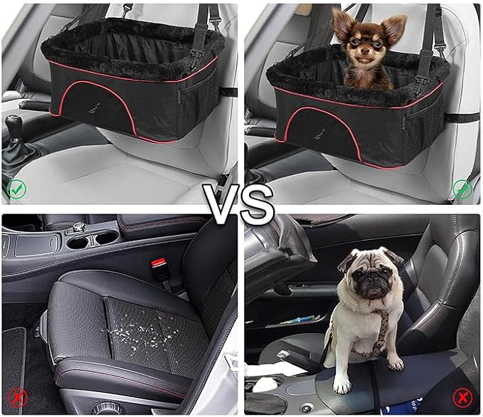 ROODO Deluxe Dog Booster Seat with Height-Adjustable Foldable Metal Frame and Safety Leash,Portable Pet Car Seat for Under 20lb Puppy Cats with Plush Thick Cushion Mesh Window Pockets(Black)