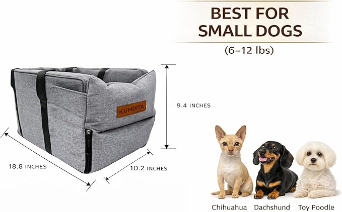 Kumdita Soft Console Dog Car Seat & Carrier for Extra Small Dogs (6–12 lbs). Cozy Center Console Pet Bed for Short Trips. Includes Safety Tether (Gray)