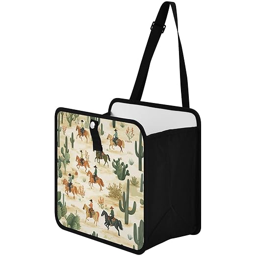 Car Trash Can Organizer Bin with Adjustable Strap for Back Front Seat Console Waterproof Leakproof Collapsible Portable 11 Inch Cute Cacti Desert Cowboys Horses
