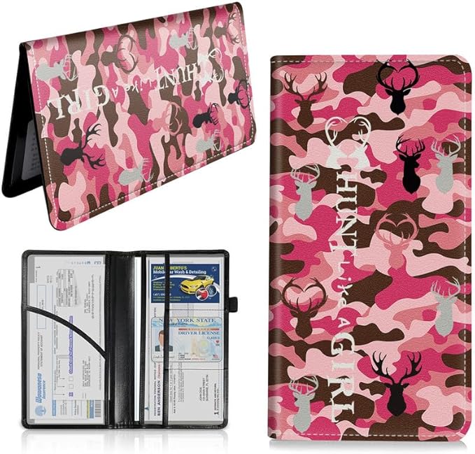 Car Registration and Insurance Card Holder, Vehicle License Documents Glove Box Compartment Organizer Wallet, ID Card Holder for Car Essentials Automobile, Pink Camo Camouflage