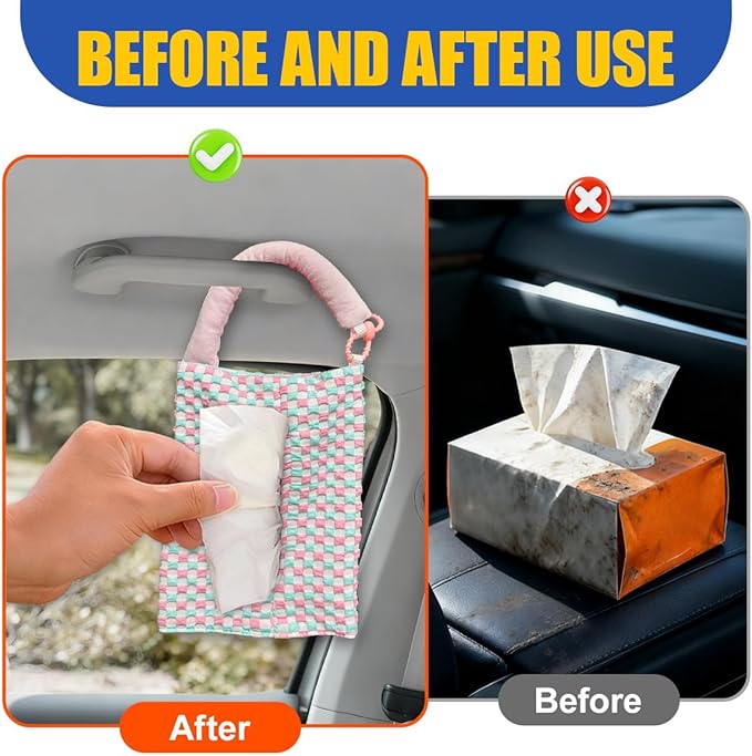 Car Tissue Holder, Checkered Pattern Car Backseat Napkin Holder, Rectangular Canvas Hanging Auto Tissues Box, Universal Vehicle Storage Organizer Accessory for Phone, Small Items (Blue)