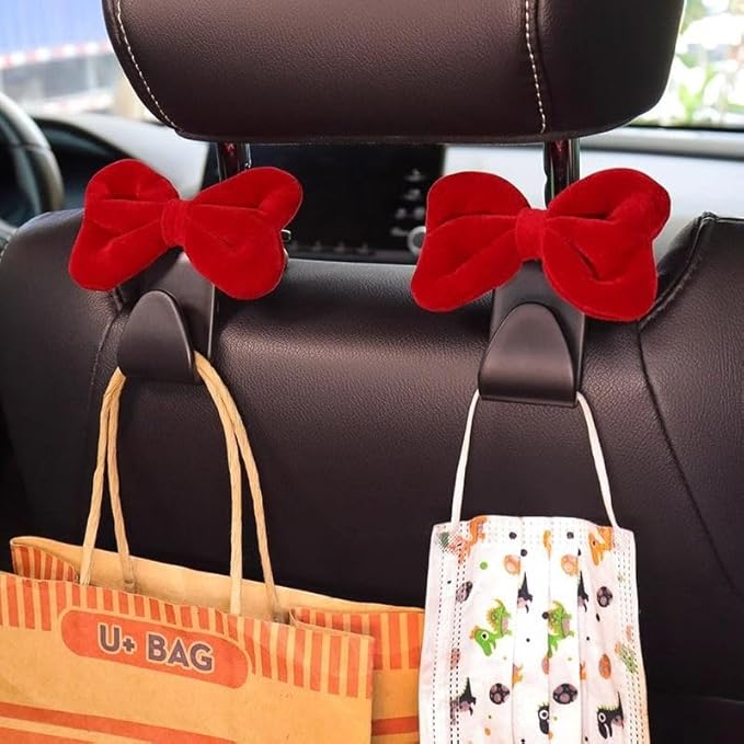2-Pack Car Purse Hooks for Hanging Purses and Bags, Cute Bow car seat headrest Hooks for Hanging car Purse Hooks. (Velvety red)