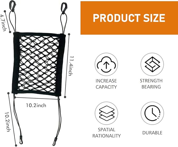 1 Pack Car Net Barrier for Seat, 10.2In x 11.4In Stretchable Vehicle Space Divider with Hook, Universal Anti-Falling Automotive Pet Barrier Mesh Replacement for Truck SUV Car (Black)